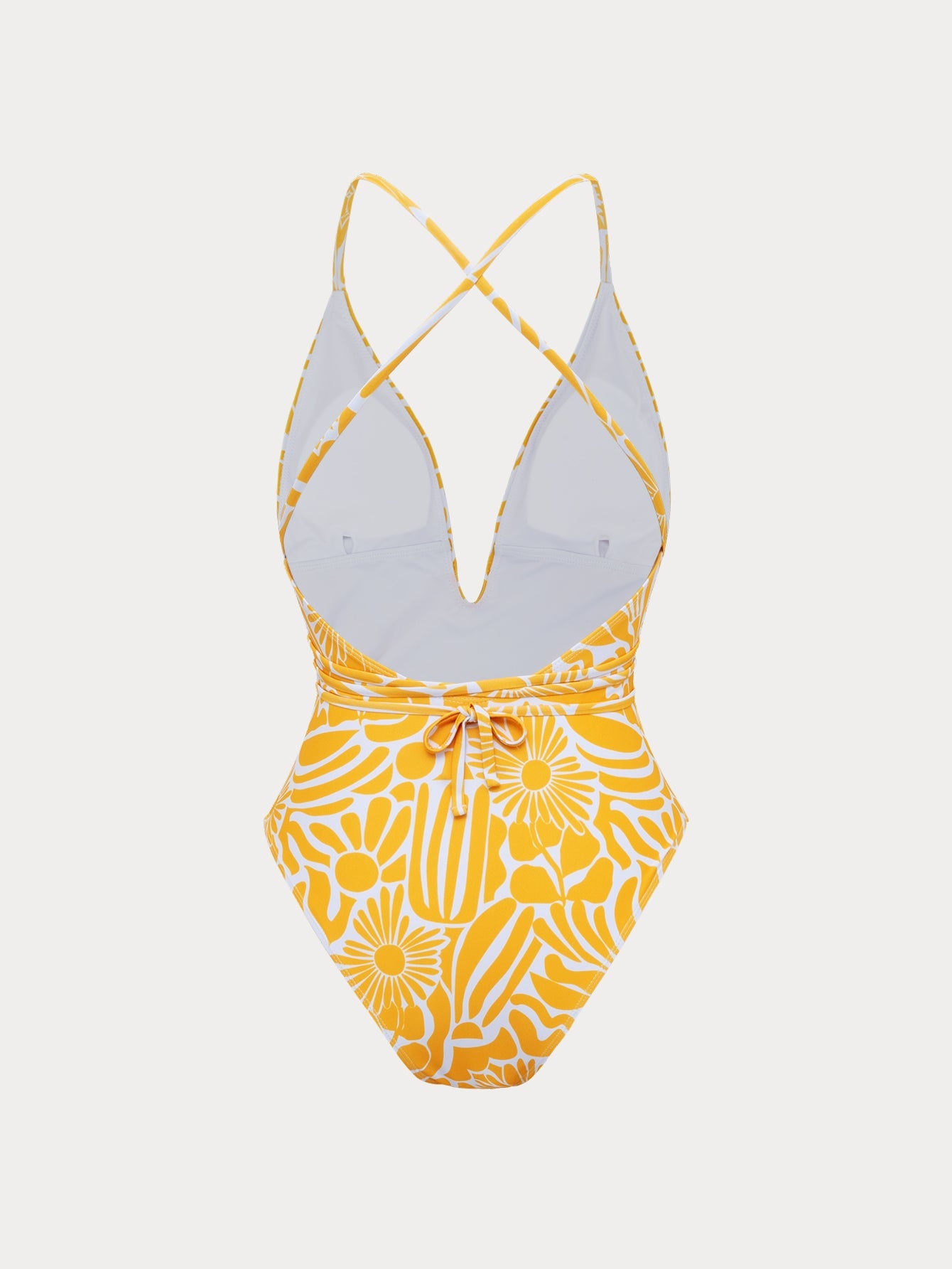 Yellow Printed Deep V One-Piece Swimsuit