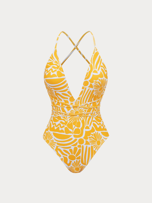 Yellow Printed Deep V One-Piece Swimsuit