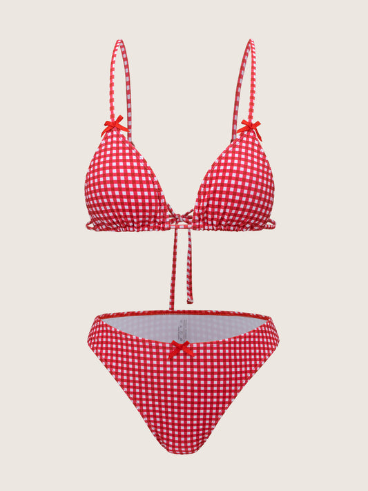 Red Plaid Bow Bikini Set