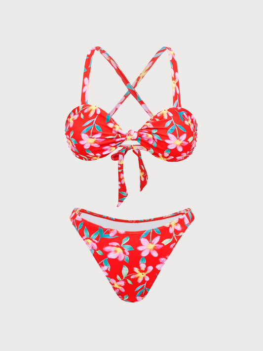 Red Floral Print Bikini Set