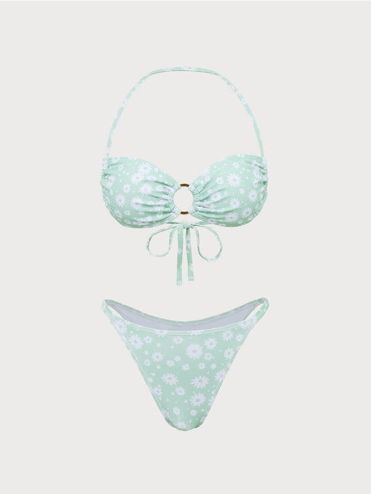 Light Green Ring Hollow Print Bikini Set