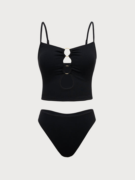 Black Ring Hollow Tankini Swimsuit