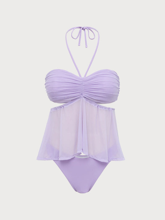 Purple Ruched Mesh Tankini Swimsuit