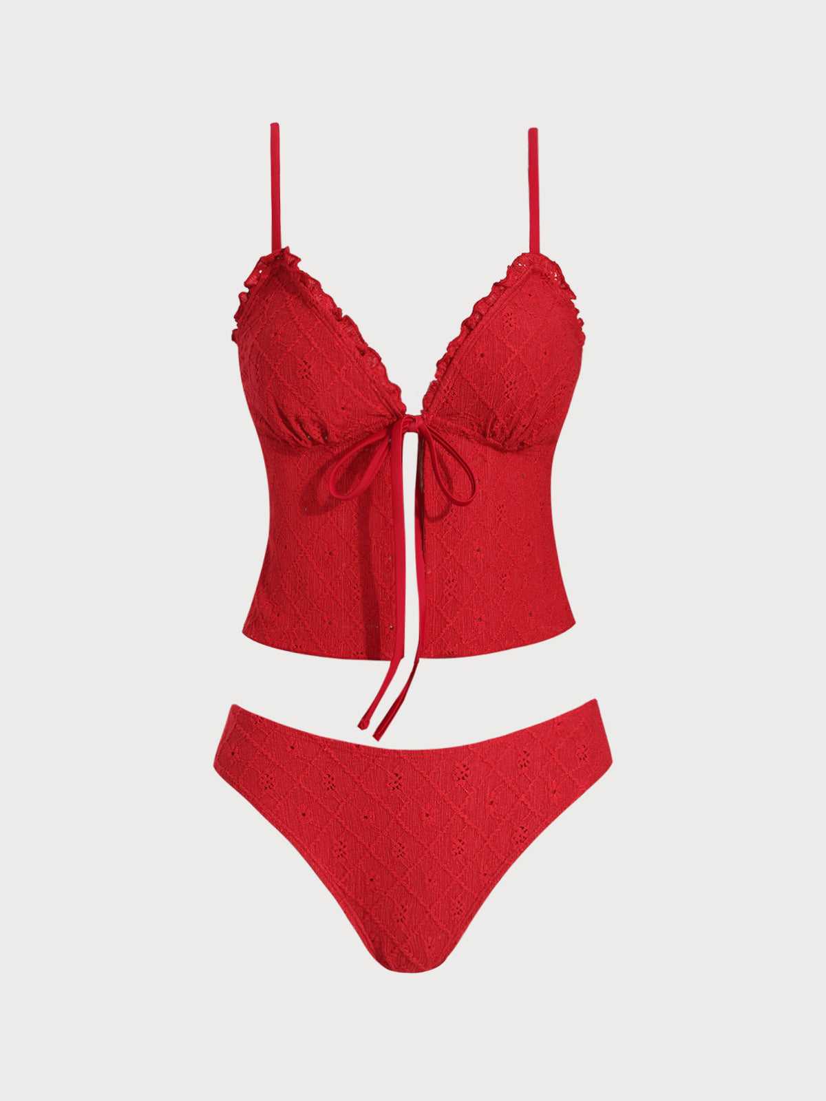 Wine Red Ruffle Front Tie Tankini Three-Piece Swimsuit