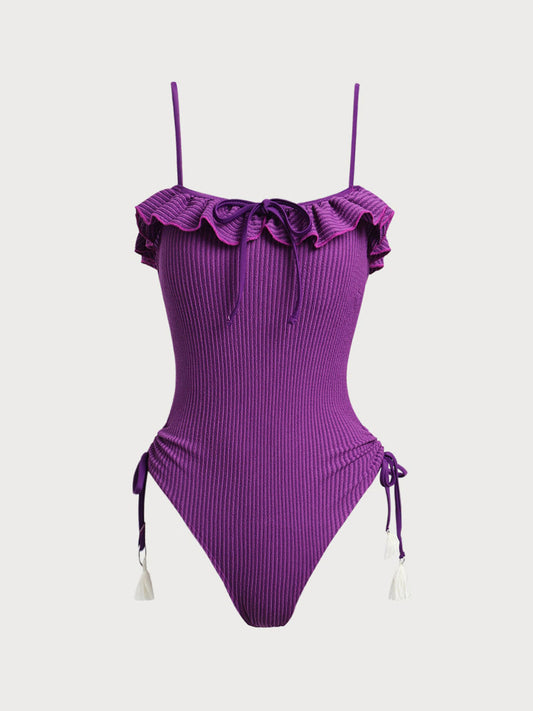 Purple Ruffled Cutout One-Piece Swimsuit