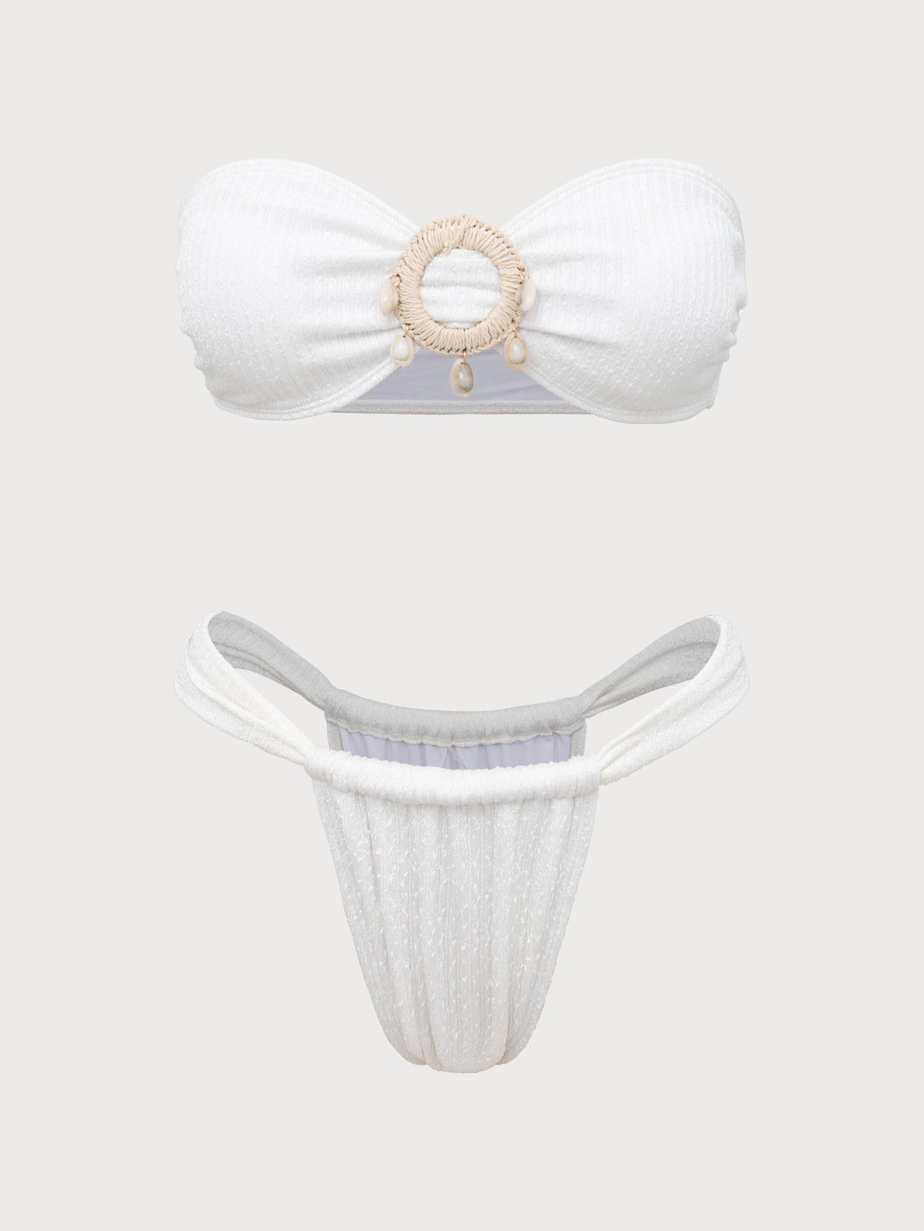 Off White Shell Decorated Ring Bandeau Bikini Set