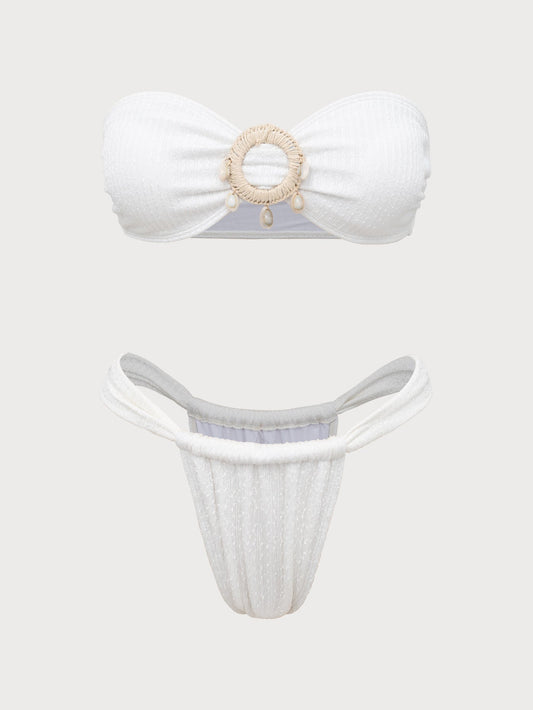 Off White Shell Decorated Ring Bandeau Bikini Set