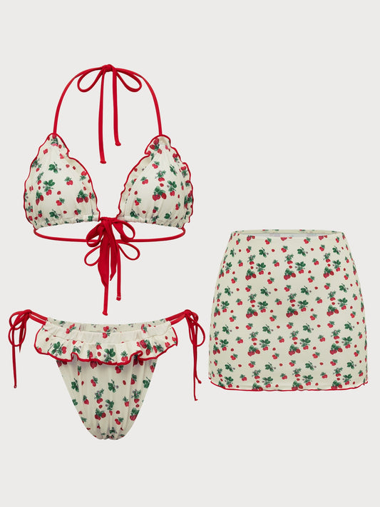 Off White Strawberry Print Ruffle Three-Piece Set