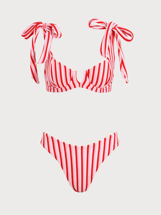 Pink Striped Bow V-Notch Bikini Set