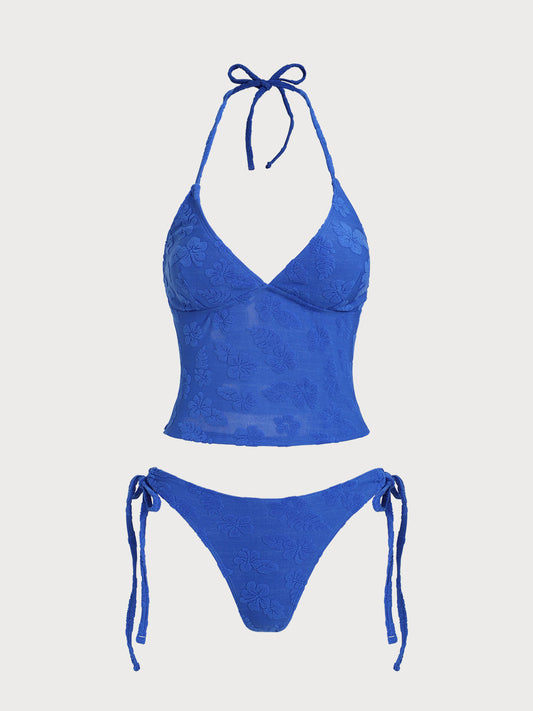 Blue Tropical Floral Terry Tankini Swimsuit