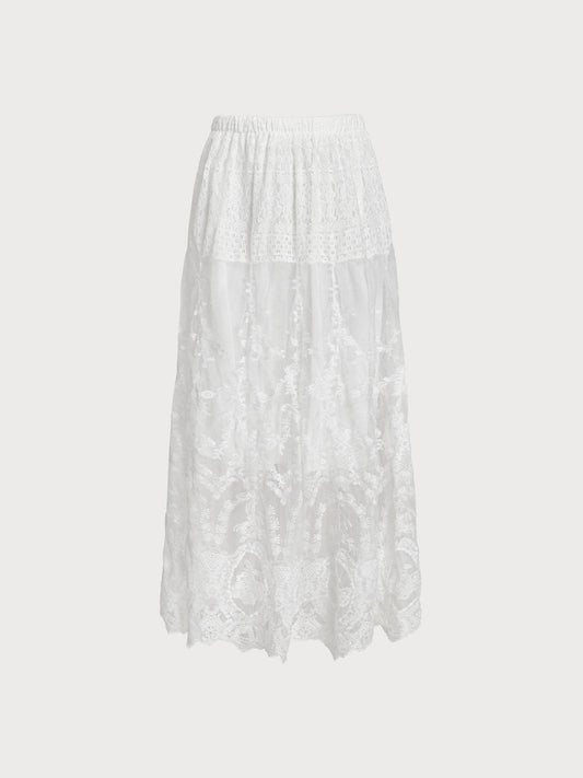 White Tulle Embroidered Long Skirt