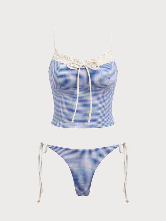 Blue Vintage Plaid Contrast Tankini Swimsuit