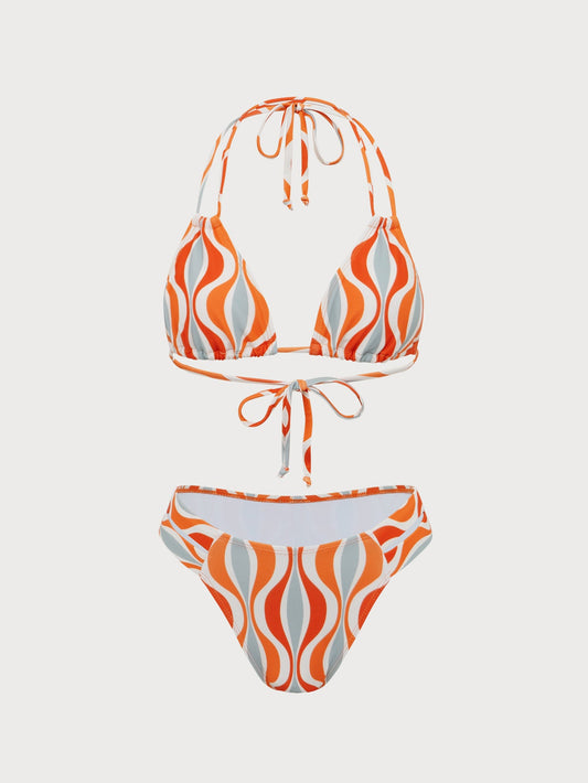 Orange Wave Print Bikini Set