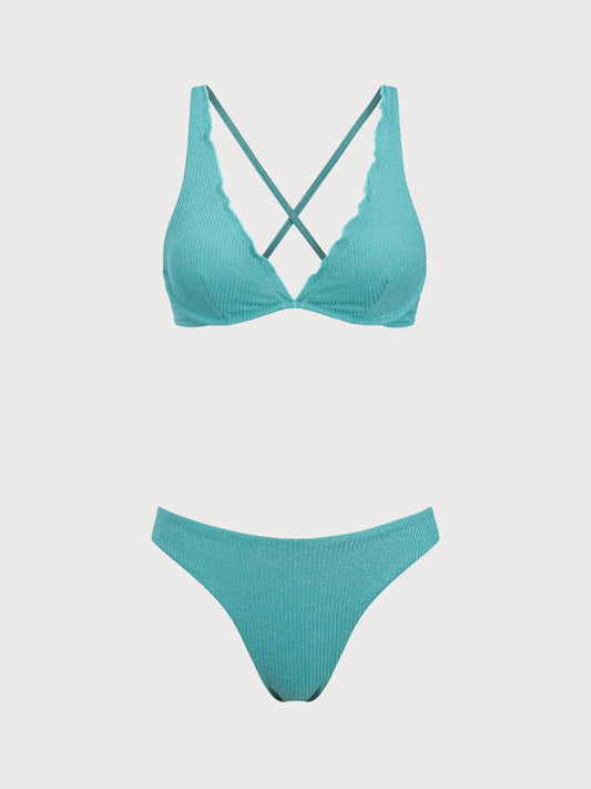 Green Wavy Edge Underwire Bikini Set