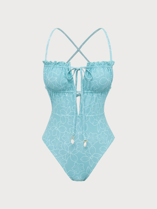 Light Blue Wrinkled Cutout One-Piece Swimsuit