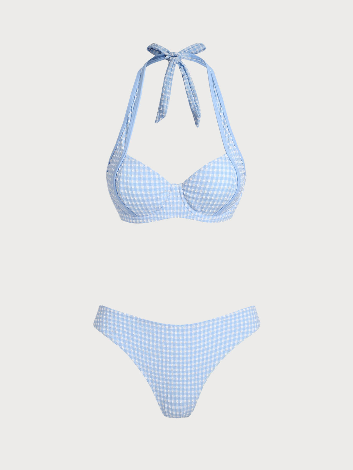 Light Blue Jacquard Plaid Vintage Bikini Set