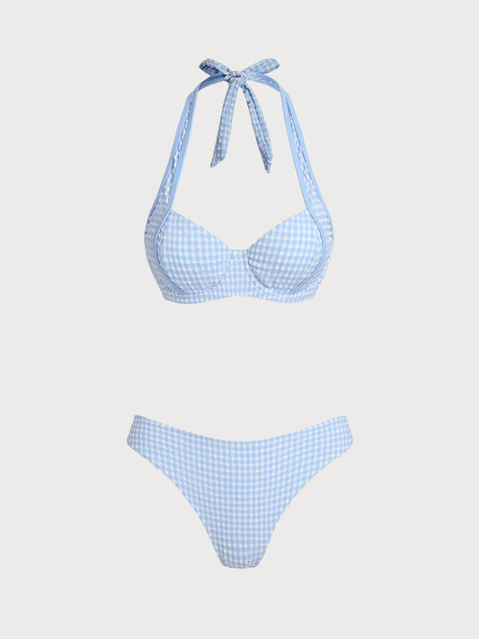Light Blue Jacquard Plaid Vintage Bikini Set