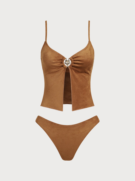 Brown Woven Suede Denim Tankini Set