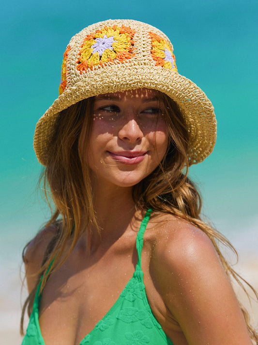 Beige Tricot Colorful Vintage Flower Straw Hat