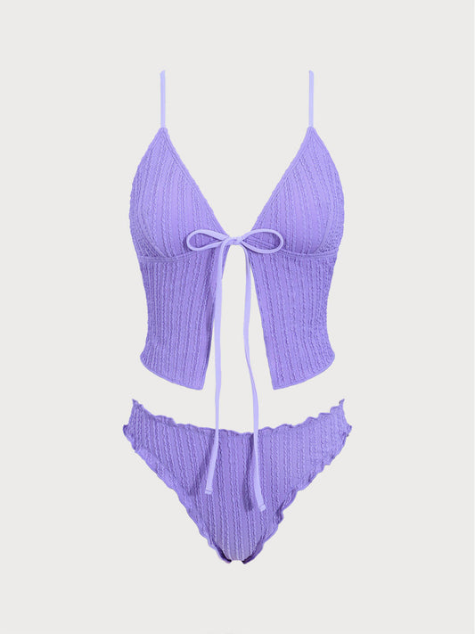 Purple Jacquard Tie-Front Tankini Swimsuit