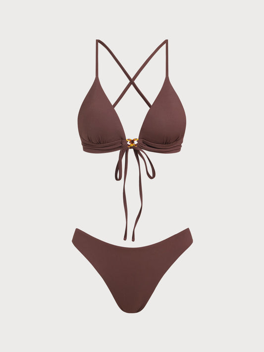 Brown Ribbed Chain Decorated Bikini Set