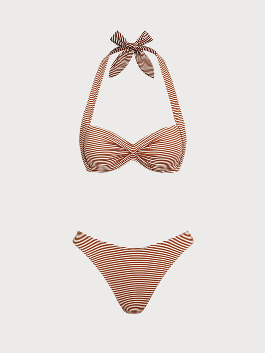 Brown Striped Ruched Vintage Bikini Set