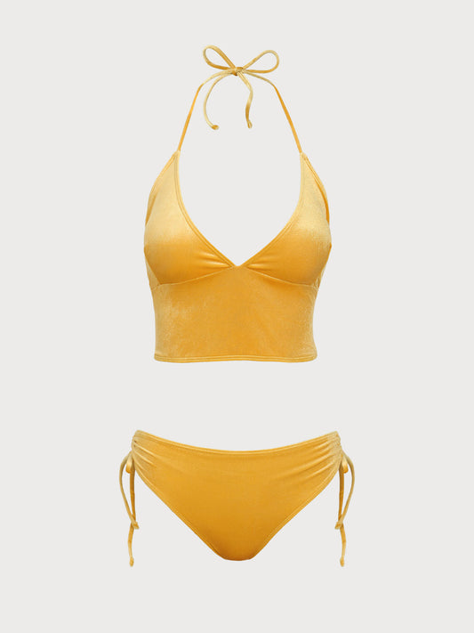 Yellow Blend Velvet Backless Tankini Swimsuit