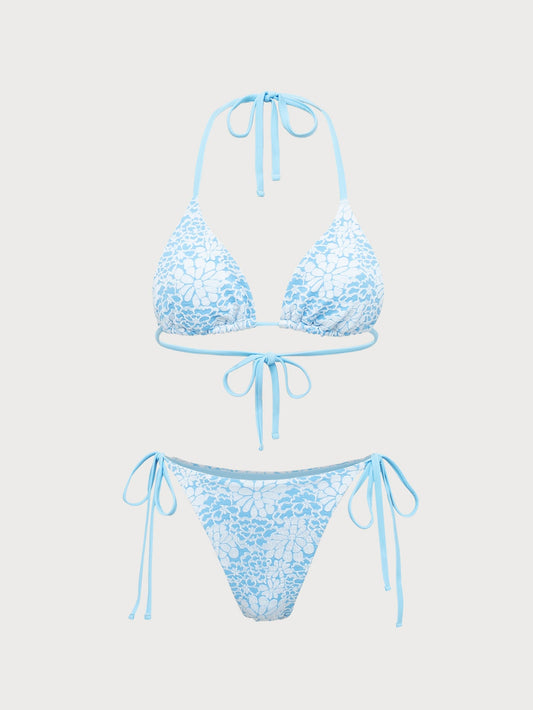 Blue Jacquard Contrast Color Bikini Set