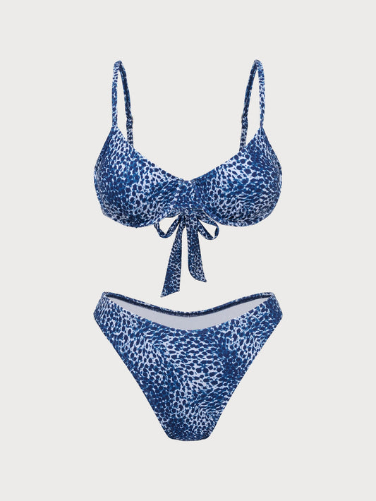 Blue Polyester Knit Leopard Print Bikini Set