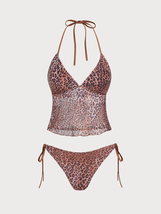 Brown Leopard Print Mesh Tankini Set