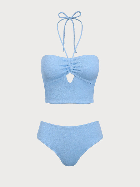 Blue Halter Ruched Cutout Tankini Swimsuit
