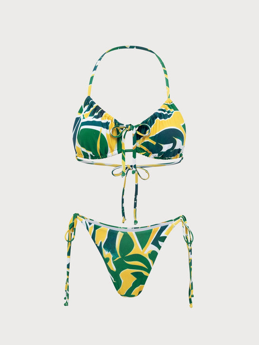 Green Tropical Print Bikini Set