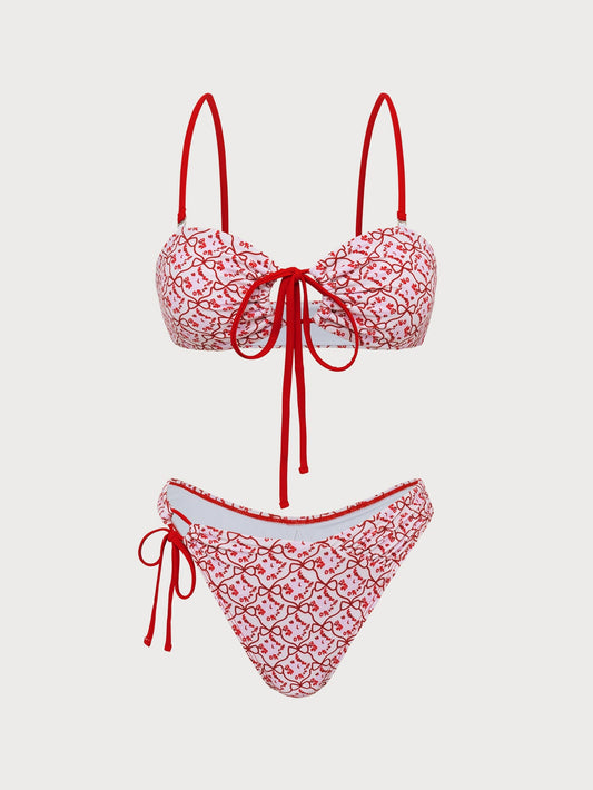 Red Hollow Print Bikini Set