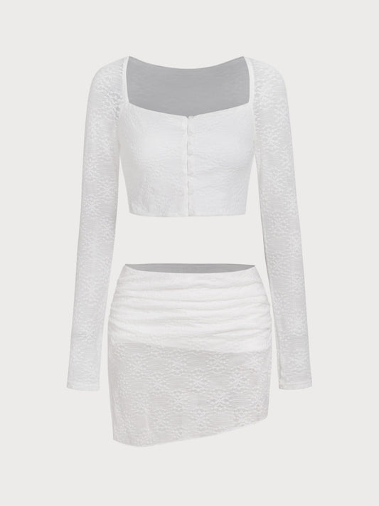 White Lace Long Sleeve Short Skirt Two-piece Set