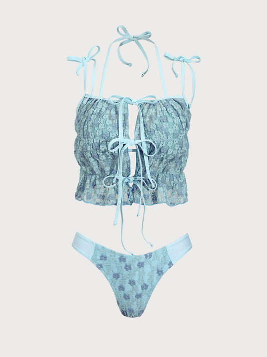 Blue Two-Tone Floral 3-Piece Tankini Swimsuit